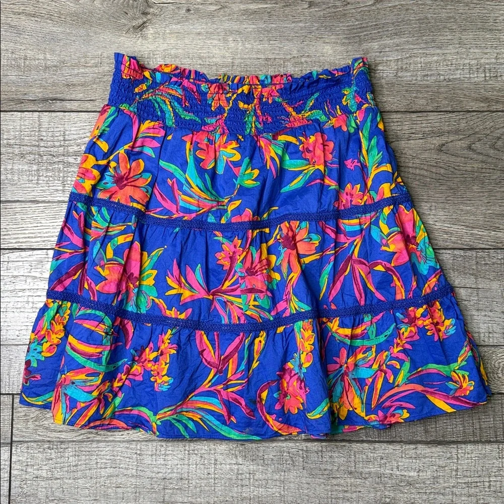 J Crew Smocked Tiered Mini Skirt Floral Summer Party Pull On Lined Vacation